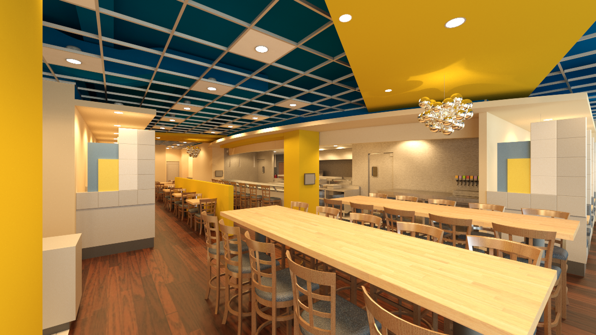 A large dining room with tables and chairs and a blue and yellow ceiling.