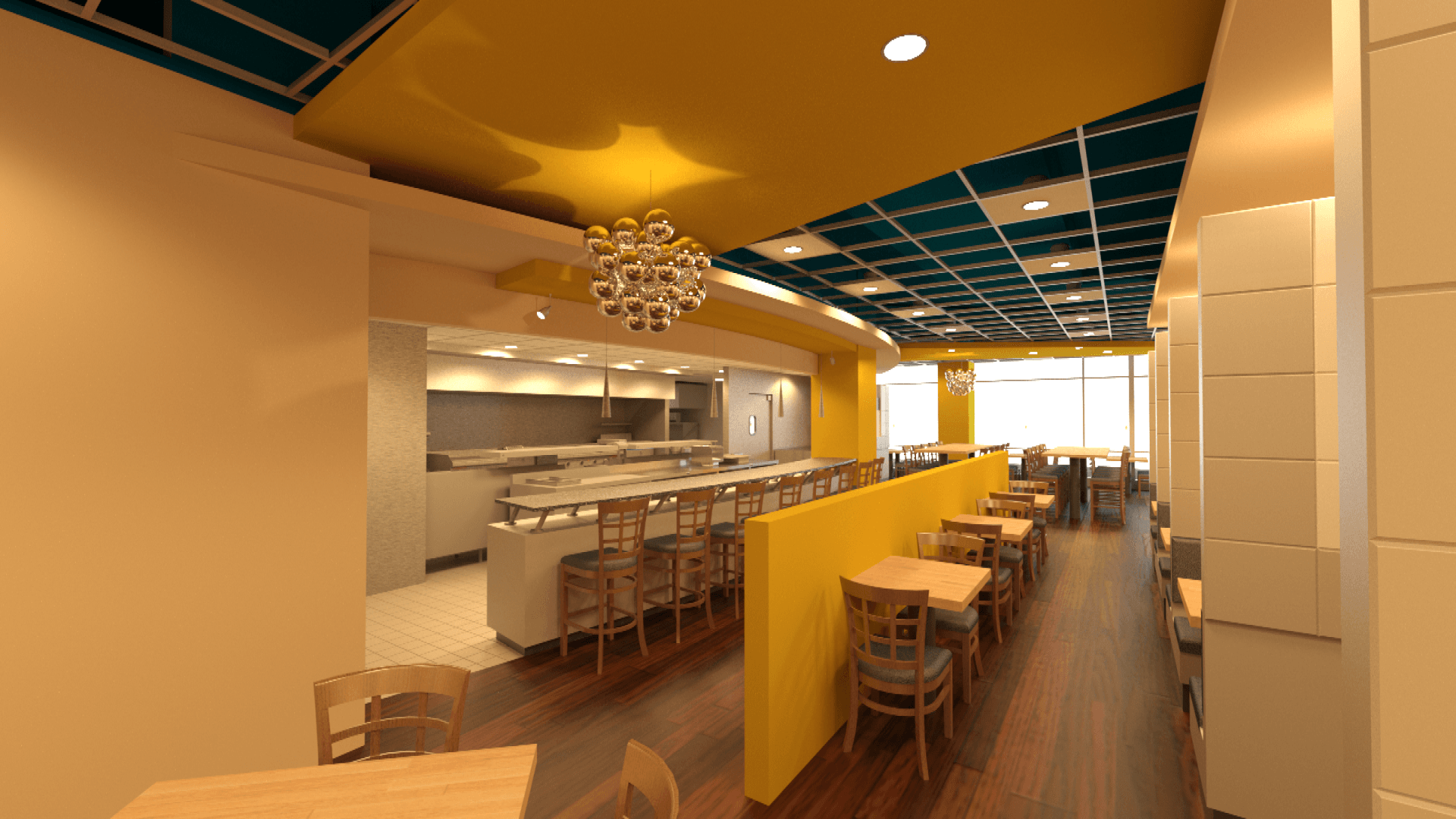 An artist 's impression of a restaurant with tables and chairs