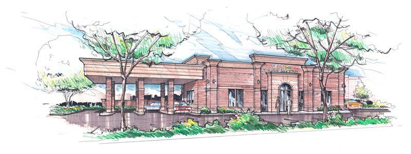 A drawing of a brick building with trees in front of it.