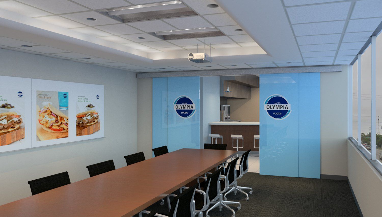 A conference room with a long table and chairs