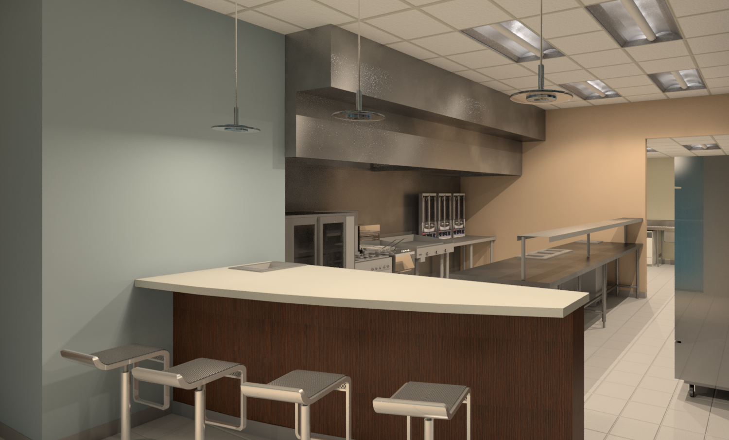 An artist 's impression of a kitchen with stainless steel appliances