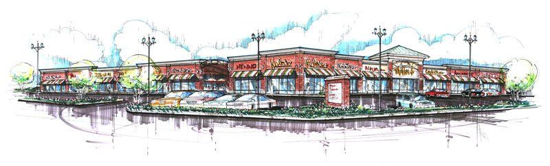 A drawing of a large building with a lot of windows.