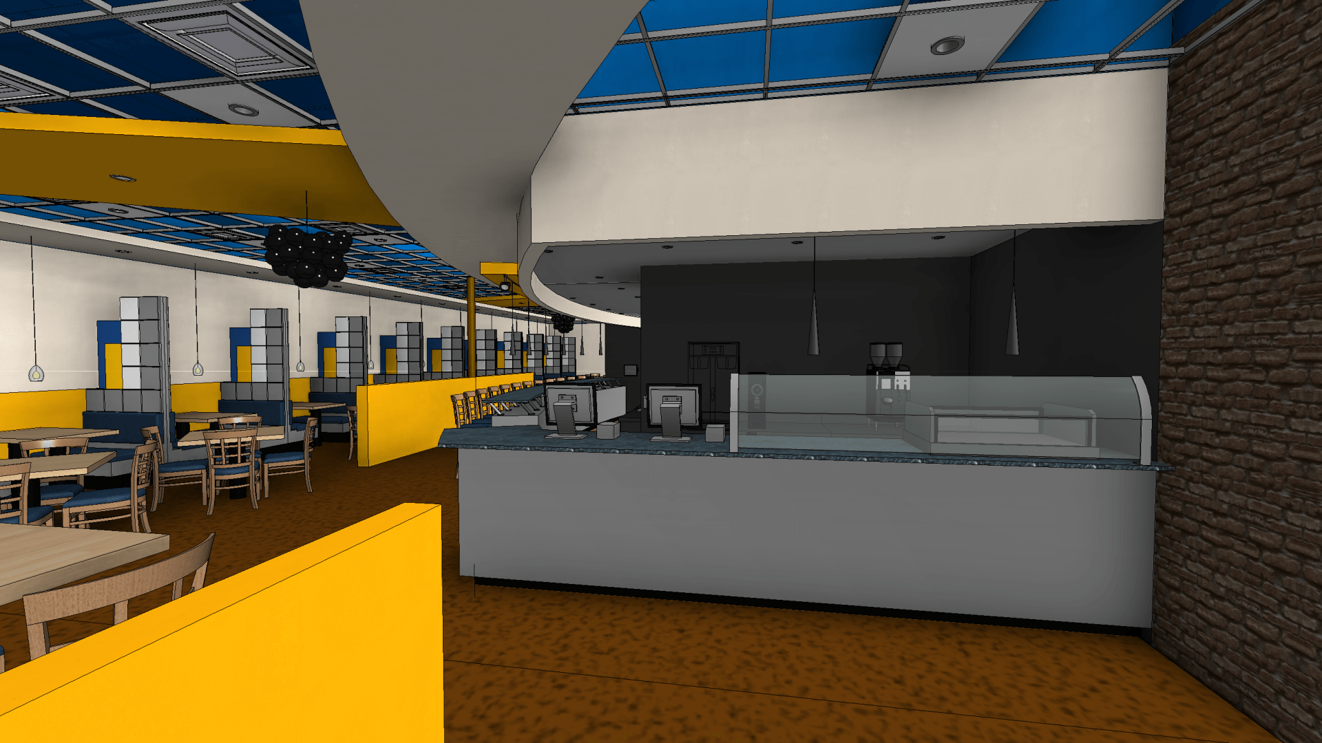 A computer generated image of a restaurant with tables and chairs