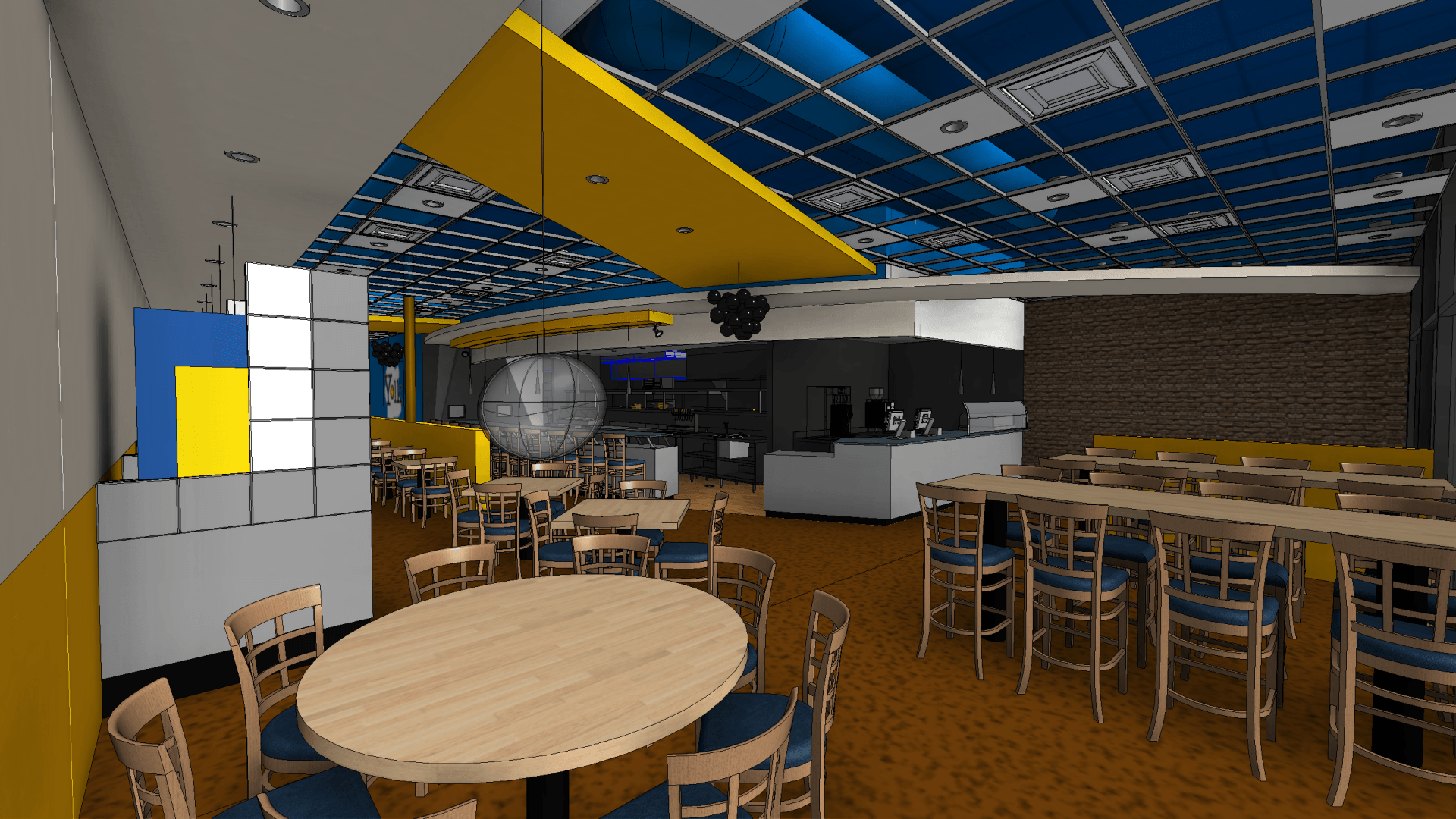 A computer generated image of a restaurant with tables and chairs