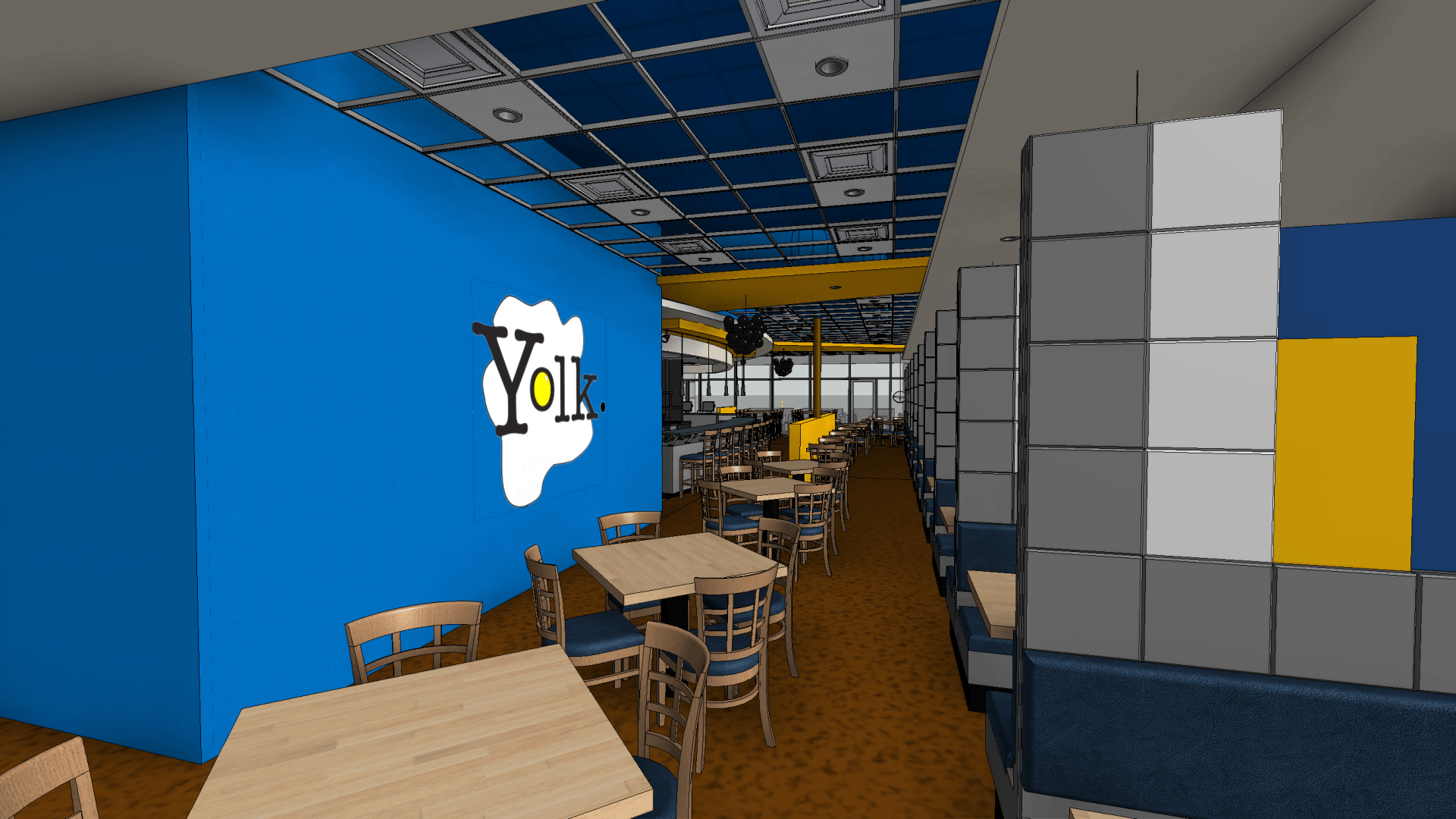 A computer generated image of a restaurant with tables and chairs