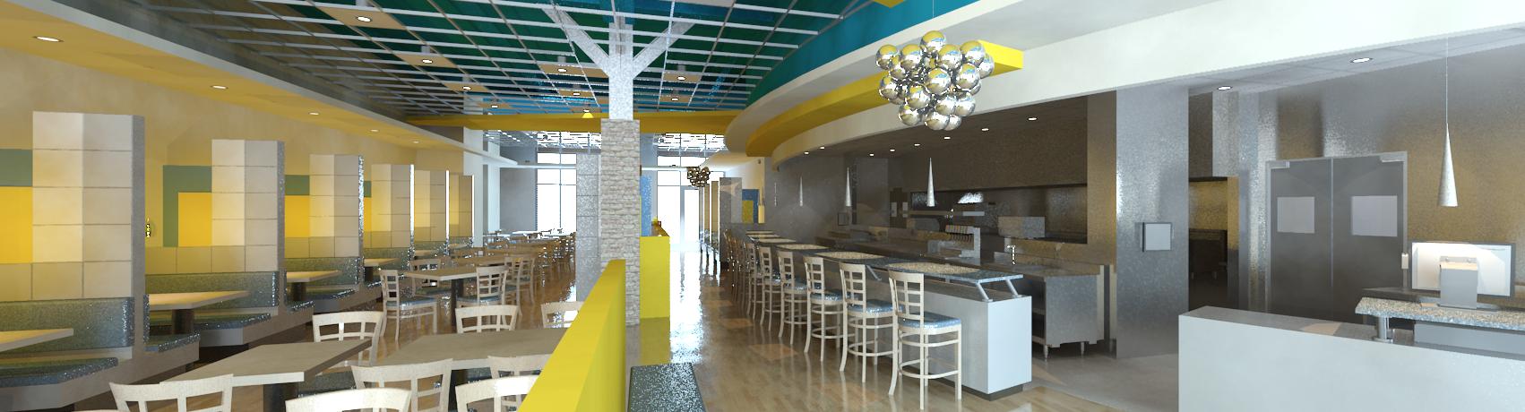 A restaurant with tables and chairs and a blue ceiling.