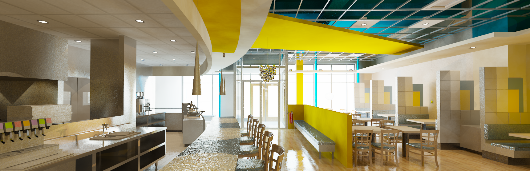 An artist 's impression of a restaurant with tables and chairs and a yellow ceiling.
