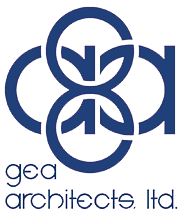 The logo for gea architects ltd. is blue and white.