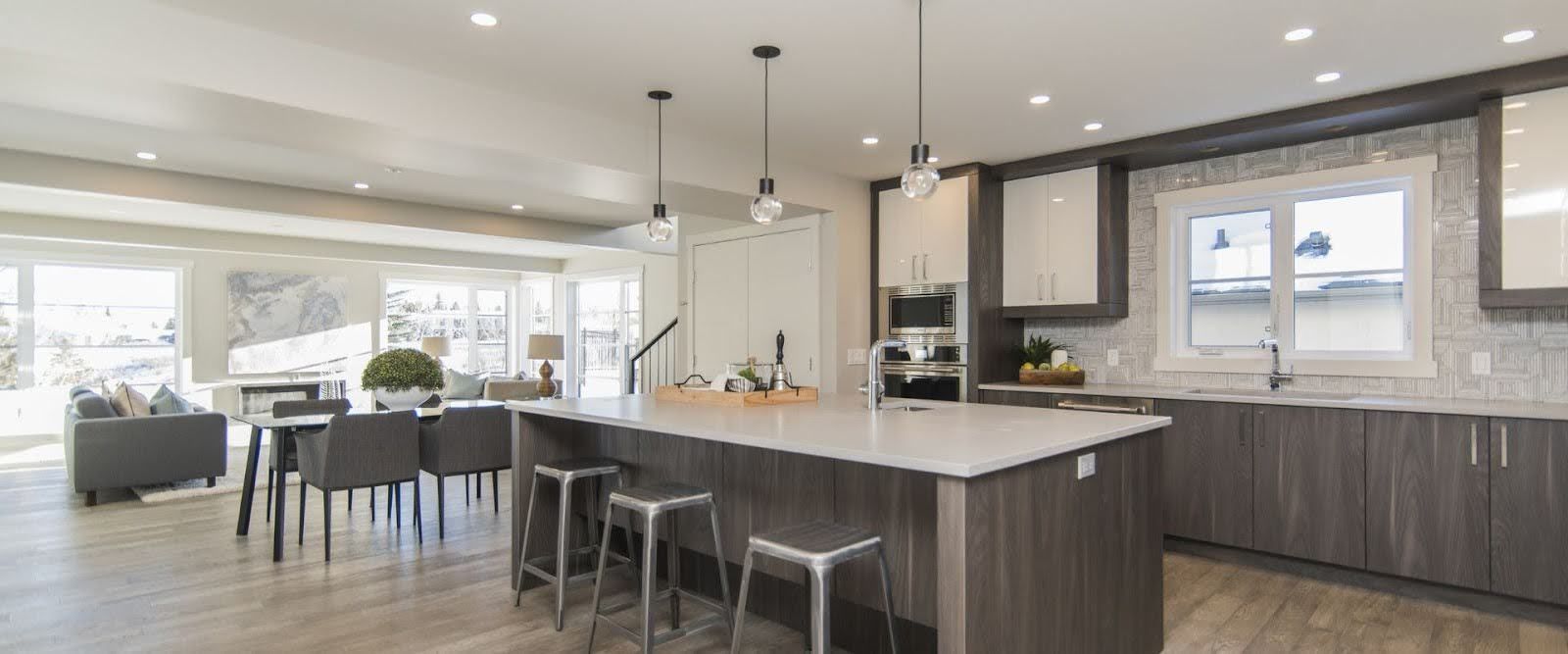kitchen, living room, and dining combo