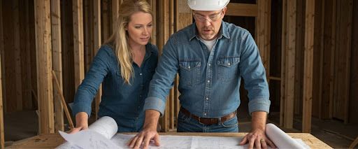 Long Island home builder and clients reviewing custom home blueprints on-site.