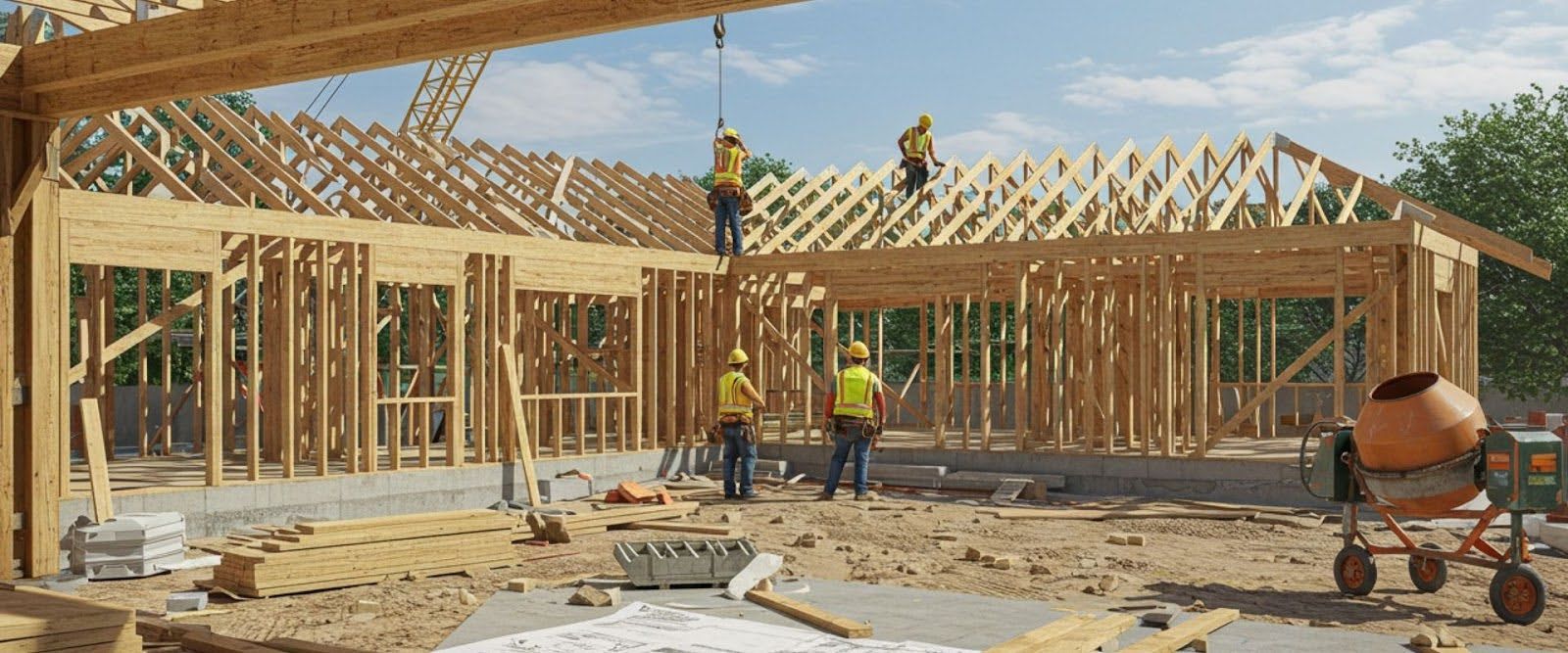 Custom luxury home under construction in Long Island with visible framing and blueprints.
