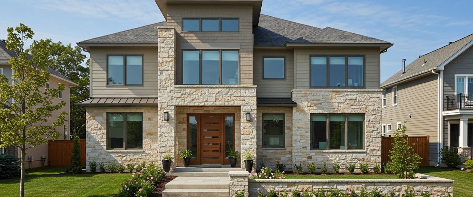 Modern luxury custom-built home in Long Island with stone exterior and ocean views.