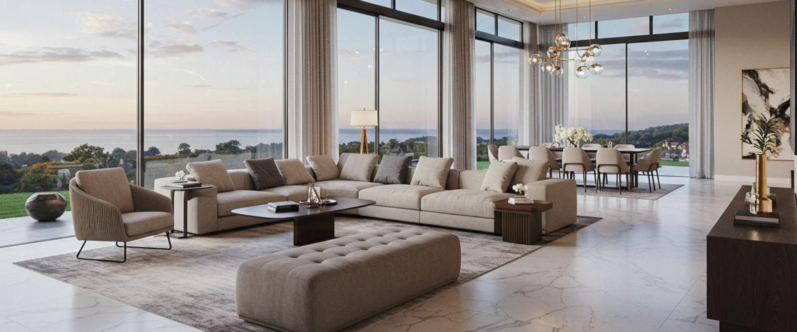 Luxury custom home living room in Long Island with marble floors and smart lighting.