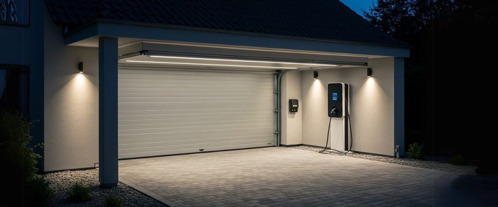 Modern garage in a Long Island luxury smart home with EV charging, motion sensors, and smart home automation, 2025.