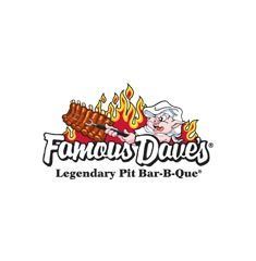 Famous Dave's logo: Cartoon pig chef grilling ribs over fire. Text says