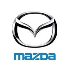 Mazda logo: Silver wings within an oval, above the blue word