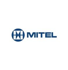 Mitel logo: Blue and white geometric symbol inside a blue circle, with
