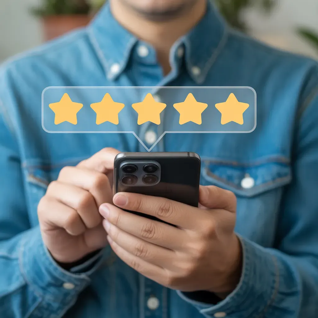 Person holding smartphone with 5 gold star rating floating above the phone, smiling face.