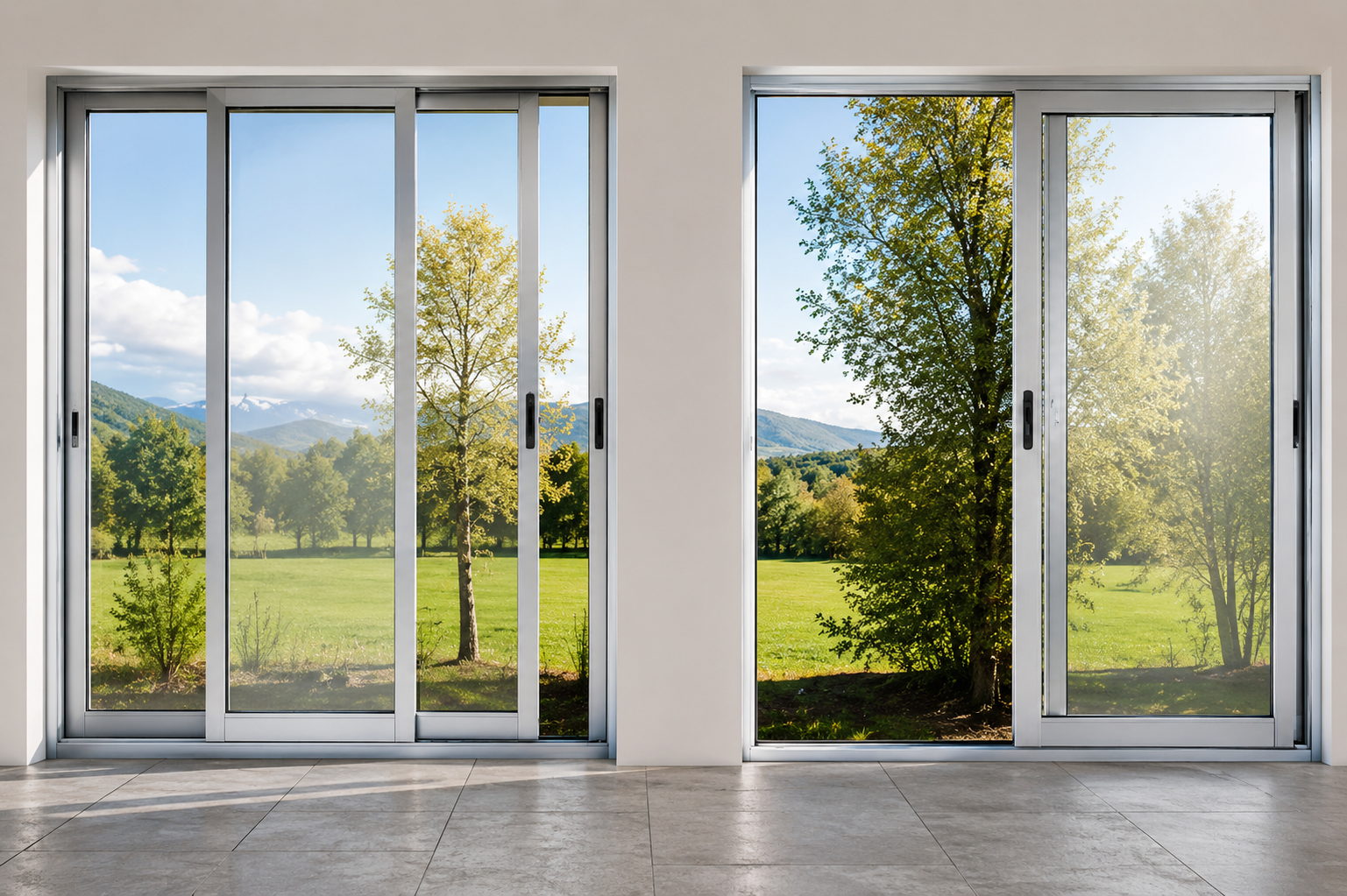 Finestre moderne e porte scorrevoli in vetro si aprono su un paesaggio verdeggiante con alberi e montagne.