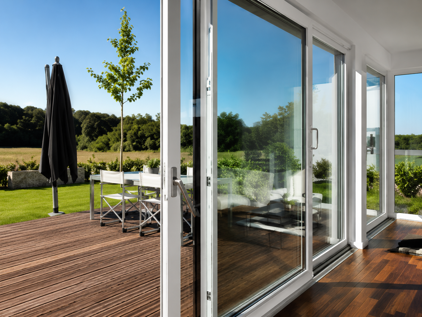 Patio moderno con porte scorrevoli in vetro, pavimentazione in legno, sedie bianche, ombrellone nero e prato verde sullo sfondo.