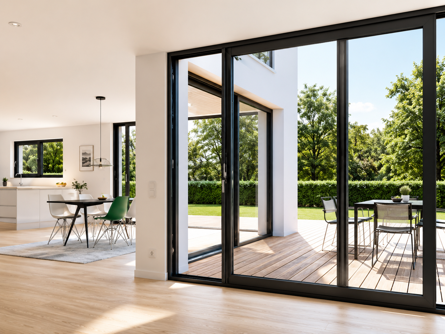 Soggiorno moderno con porte scorrevoli in vetro che si aprono su un patio soleggiato e un giardino rigoglioso.