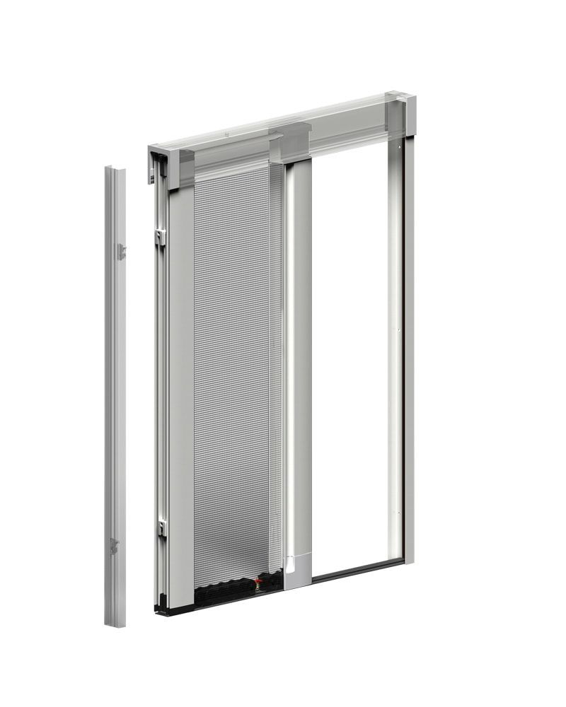 Sistema di porte scorrevoli moderne con telaio argentato e pannello a rete su sfondo bianco.
