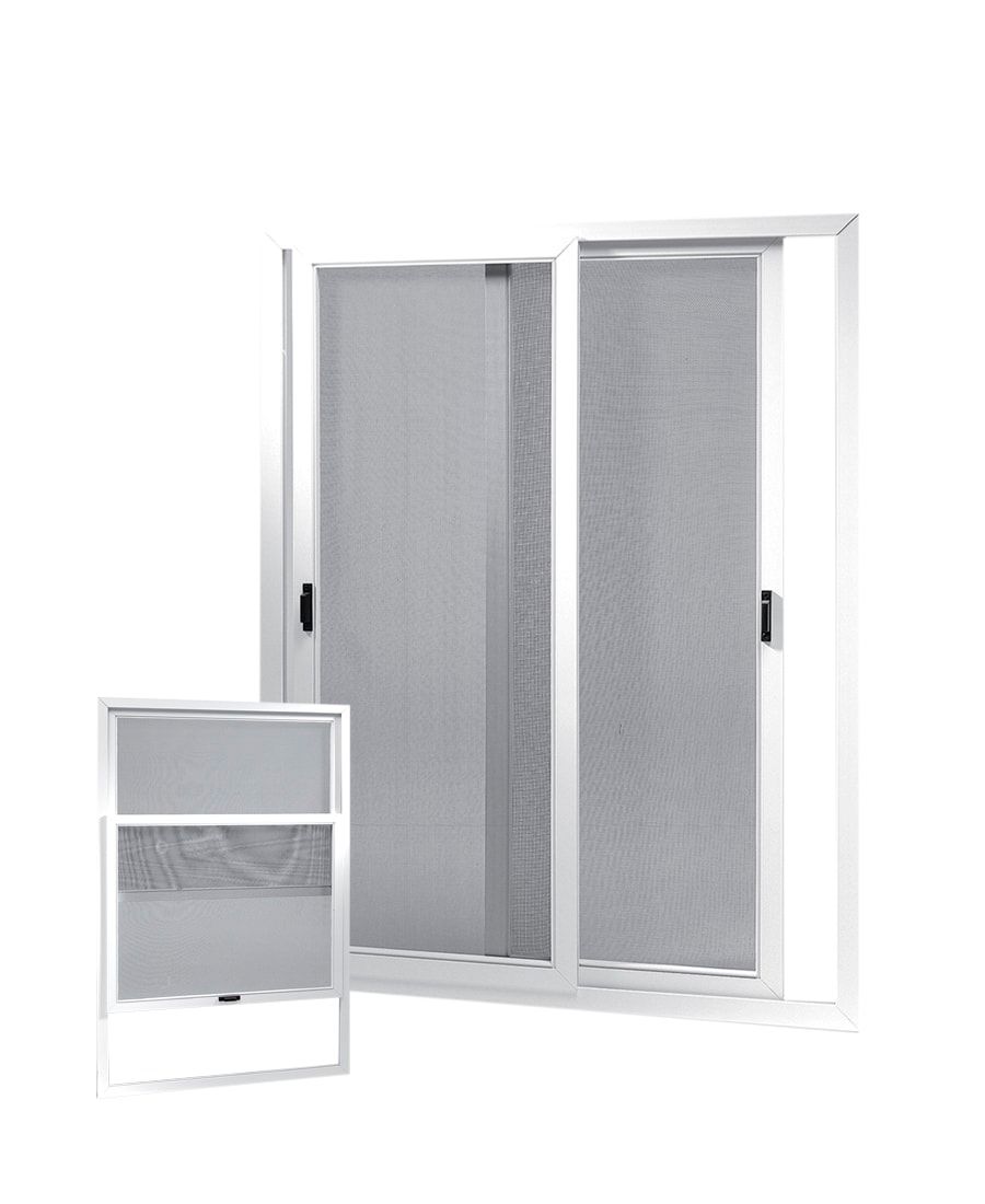 Finestre e porte con zanzariera a rete e cornice bianca, aperte su sfondo bianco.