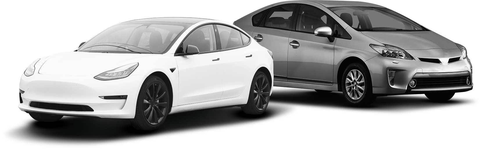 White Tesla Model 3 and gray Toyota Prius side-by-side | Lucky Autolabs