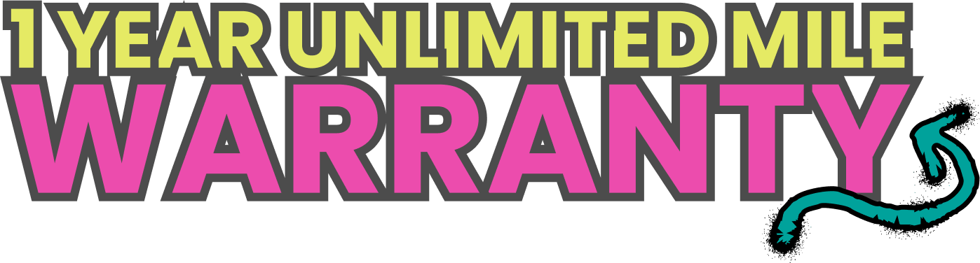 1-year unlimited mile warranty text in yellow and pink with a teal swirly arrow | Lucky Autolabs