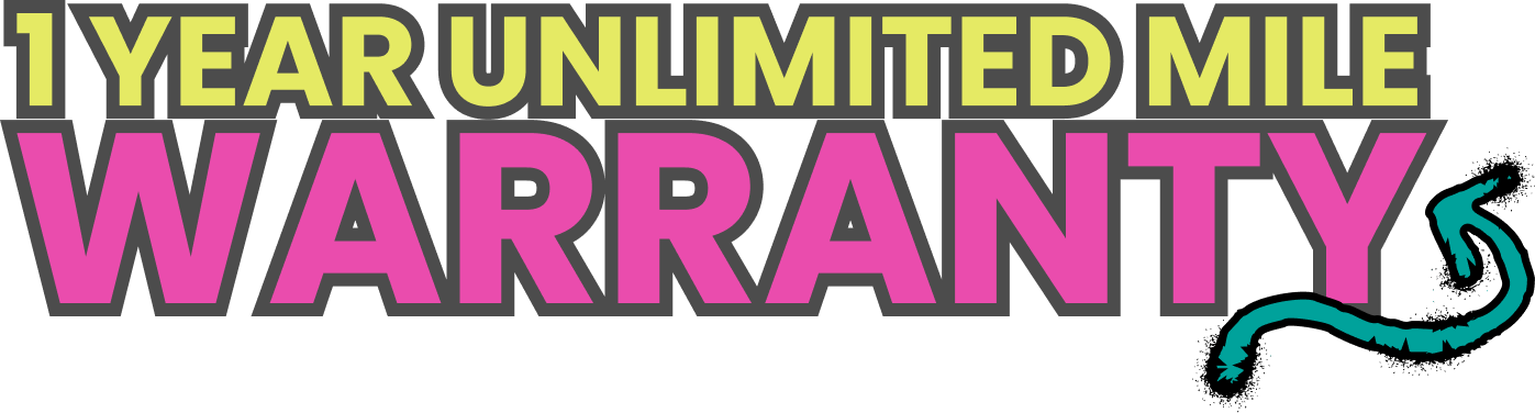1-year unlimited mile warranty text in yellow and pink with a teal swirly arrow | Lucky Autolabs