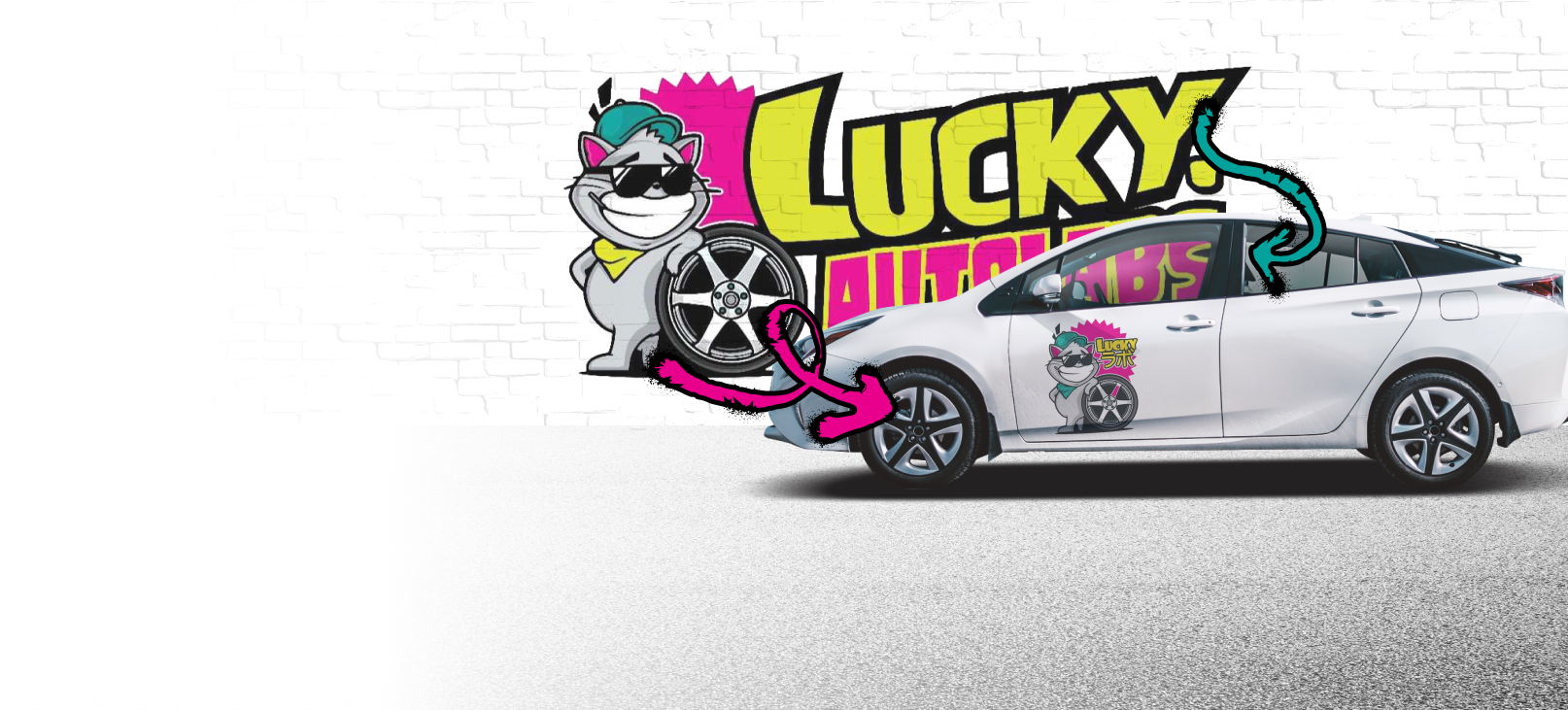 Cartoon bear character changing a tire on a white car, 