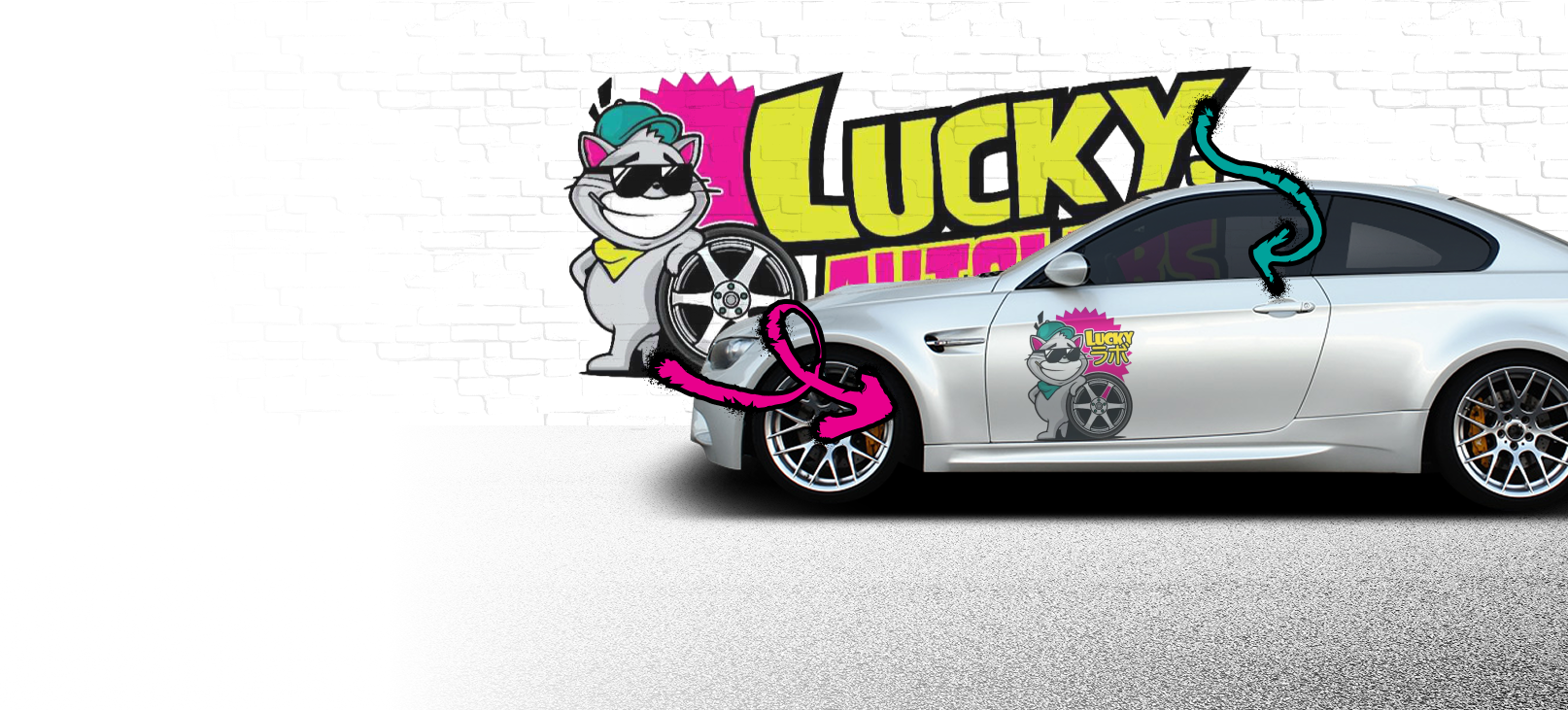 Cartoon bear character changing a tire on a white car, 