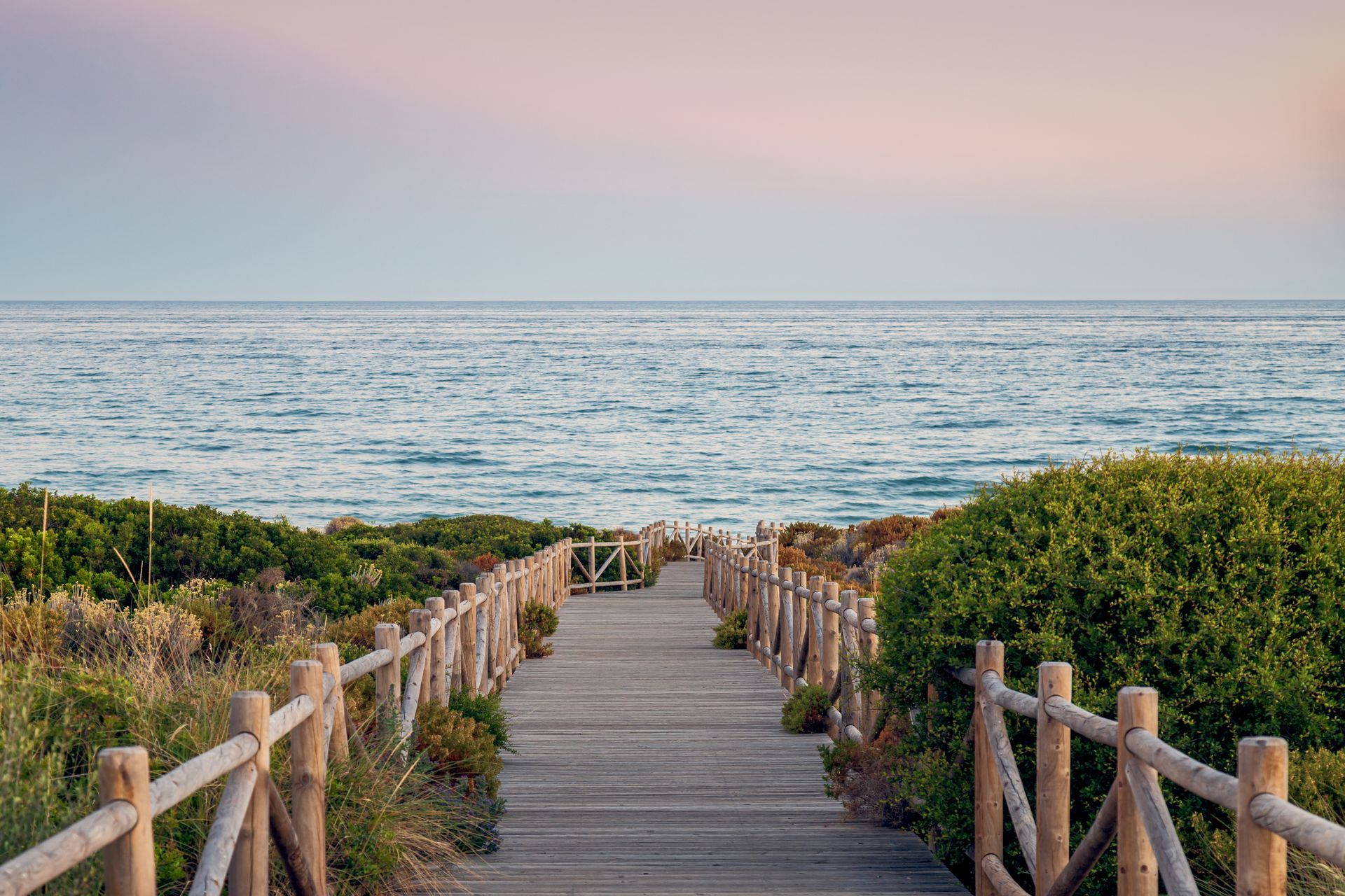 Wooden boardwalk leading to ocean, flanked by vegetation. Soft, muted colours of sea and sky. — Serene Therapy with Lana In Paddington, NSW