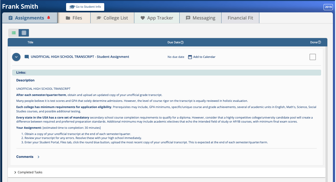 Image of assignment for a high school student gets their unofficial transcript.