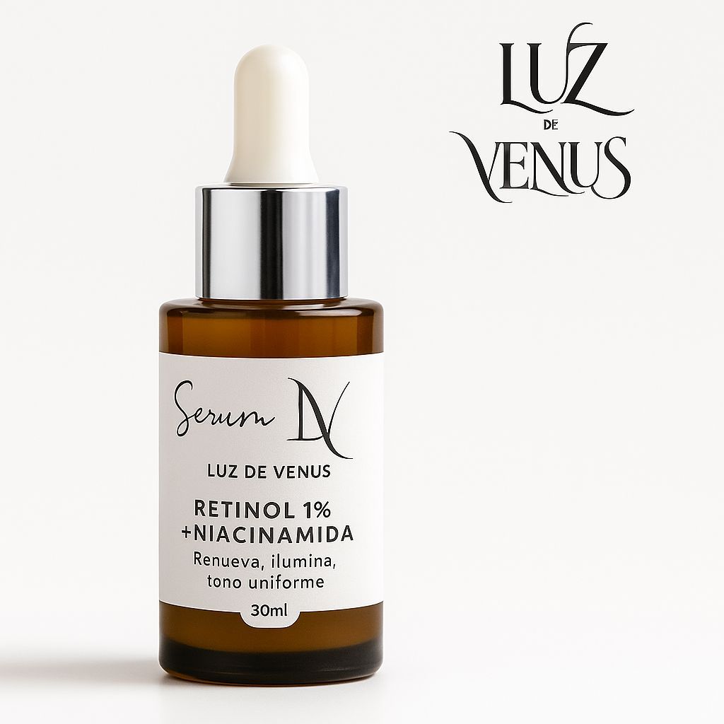 Frasco de suero marrón con etiqueta blanca. El texto dice "Retinol 1% + Niacinamida" y la marca "Luz de Venus".