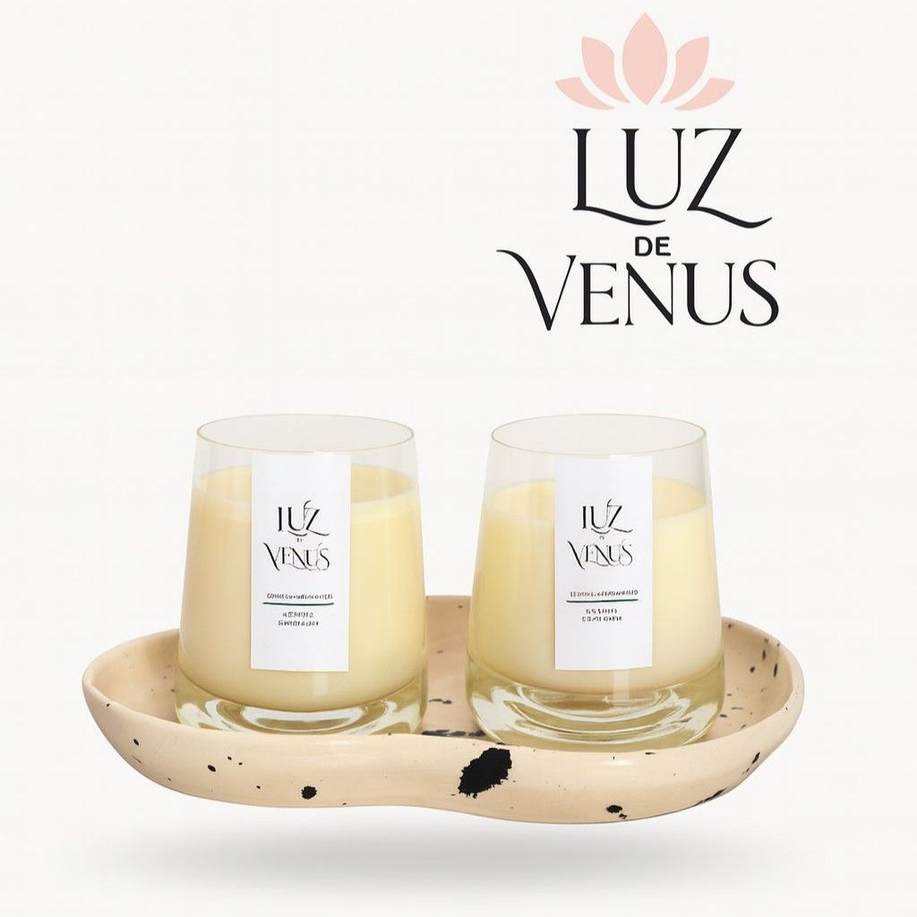 Dos velas en frascos de vidrio sobre una bandeja moteada, logo "Luz de Venus" encima.