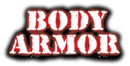 A red and white sign that says body armor