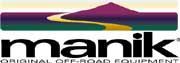 A logo for manik original off road equipment with a mountain in the background.
