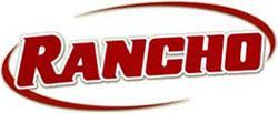 A red and white logo for rancho on a white background.