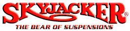 A red logo for skyjacker the bear of suspensions
