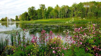 Lush green landscape with a lake, wildflowers, trees, and a fountain against a cloudy sky.