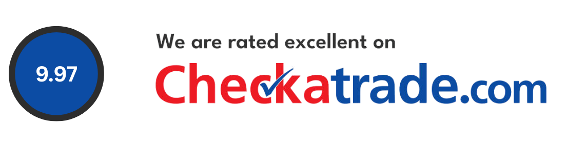 A blue circle with the rating of 9.97, and text that says, “We are rated excellent on Checkatrade.com.”