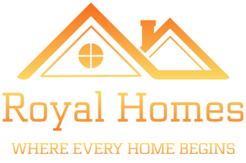 Orange and yellow Royal Homes logo: stylized house silhouette with text, "Where Every Home Begins."