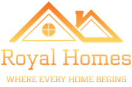 Orange and yellow Royal Homes logo: stylized house silhouette with text, "Where Every Home Begins."