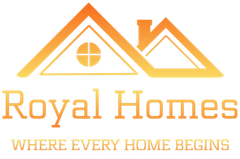 Orange and yellow Royal Homes logo: stylized house silhouette with text, 