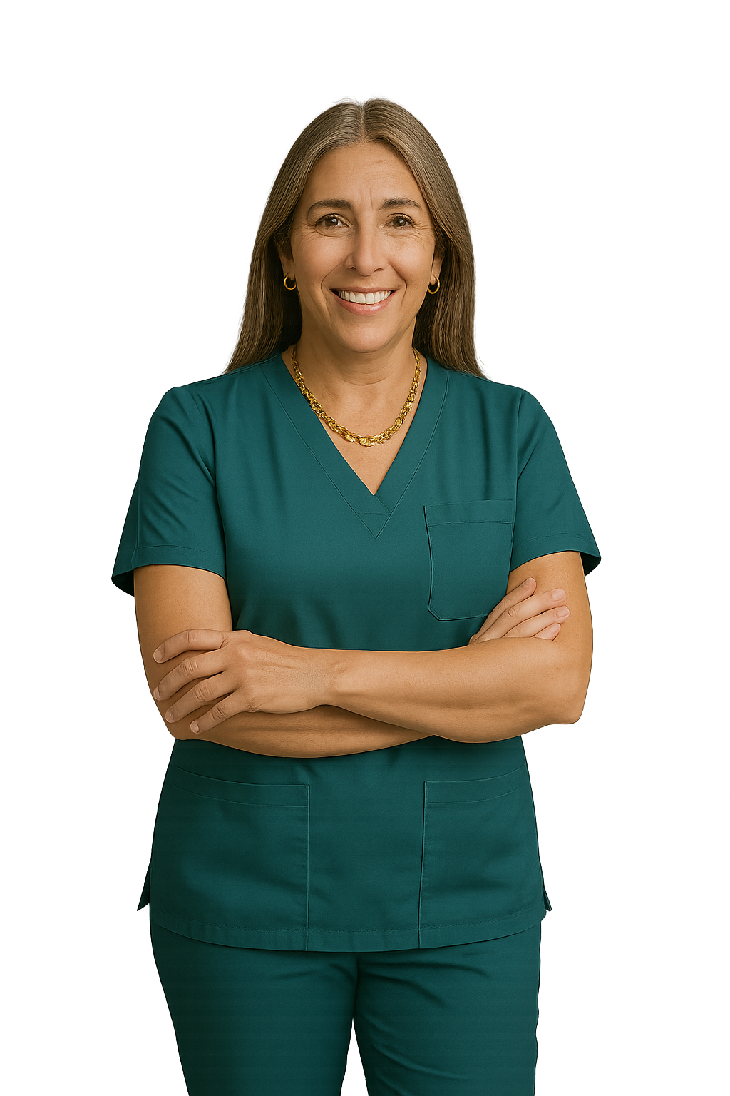 Woman in teal scrubs smiles, arms crossed.