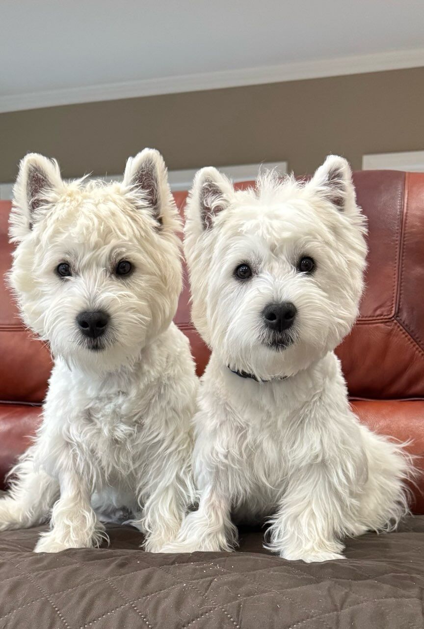 Two white West Highland White Terriers sit side by side on a brown couch, looking at the camera.