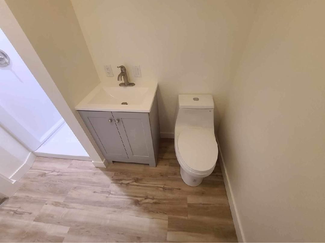 Small bathroom with light gray vanity, white toilet, and wood-look flooring.