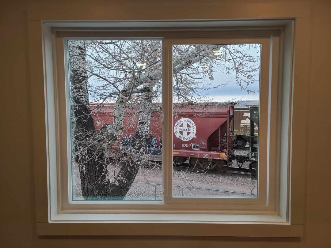 Window view of a red train car, birch tree, and muted landscape through a rainy pane.