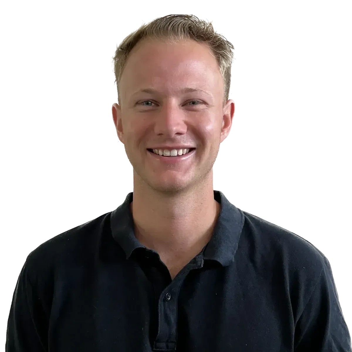 A man in a black shirt is smiling for the camera